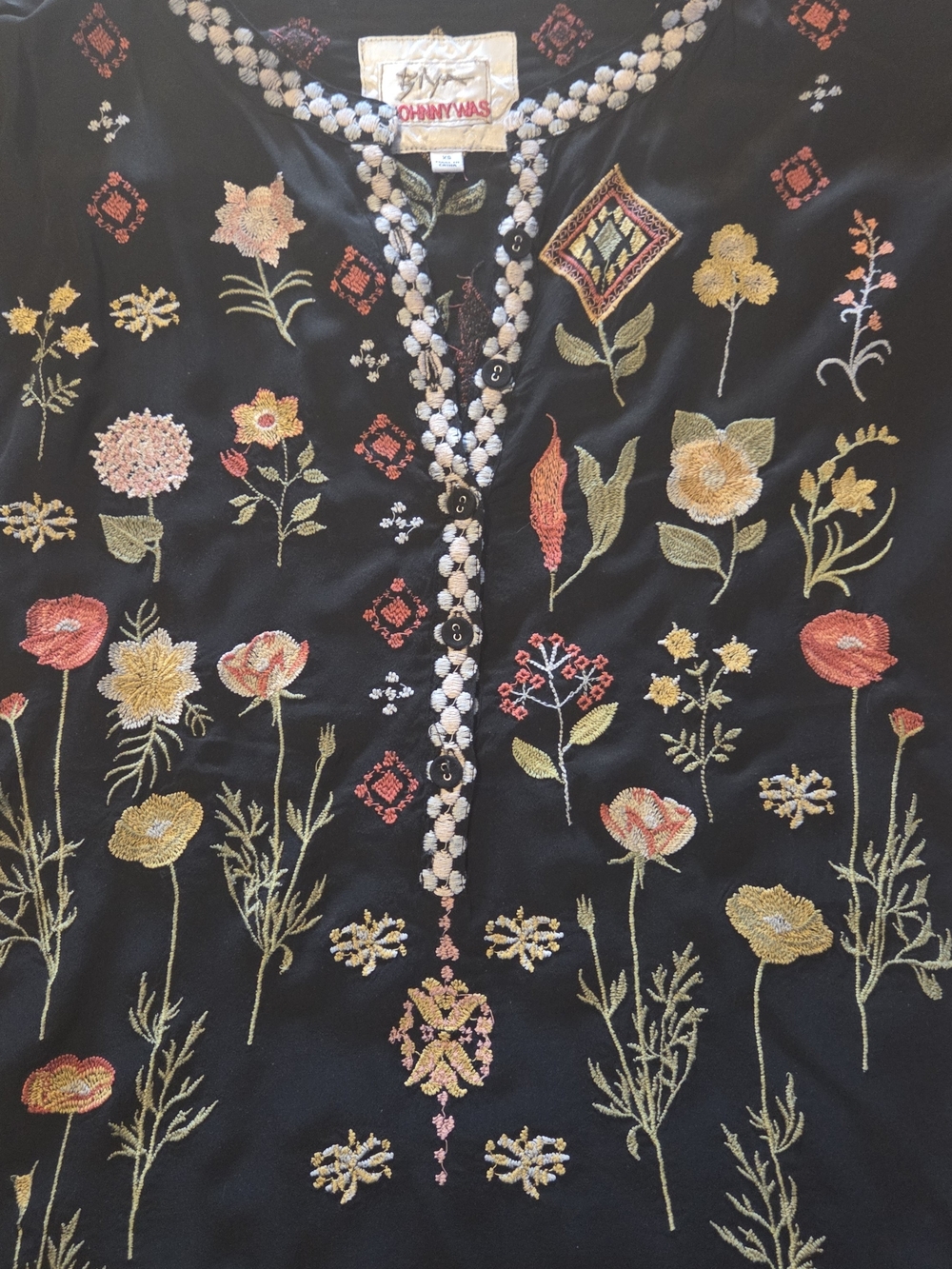 Johnny Was Black Embroidered Floral Blouse with Cream Accents